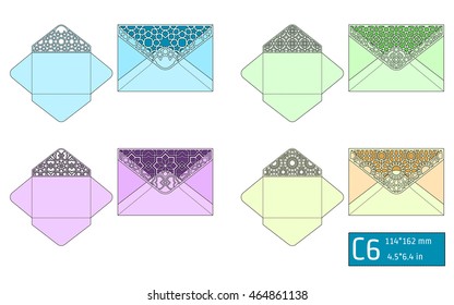 Vector Illustration of Envelope Die cut Mock up for Design, Website, Background, Banner. Blueprint texture for Gift Pack. Wedding Invitation Element Template. purple, Violet, green, blue, yellow