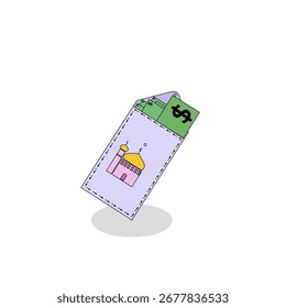 Vector illustration of an envelope filled with money and a mosque symbol, representing Islamic financial practices such as zakat, infaq, and sadaqah.