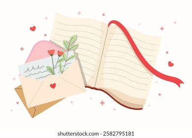 vector illustration of an envelope with a flower and book, happy reading a book design.