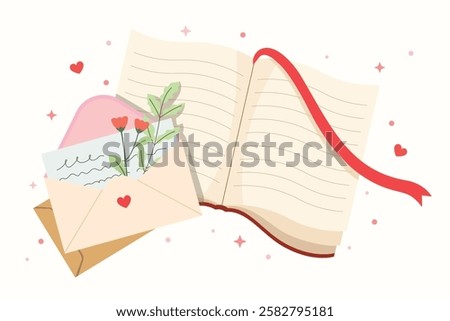 vector illustration of an envelope with a flower and book, happy reading a book design.