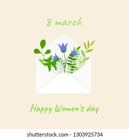  Vector illustration of envelope with flowers and branches and inscription 8 March Happy Women's day. For invitations, 8 march or wedding greeting cards, template for poster, banner, t-shirt print.