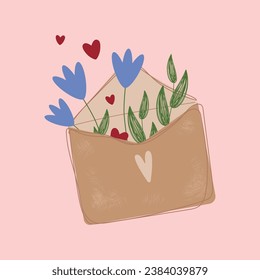 Ilustración vectorial Sobre con flores y corazones tarjeta de San Valentín