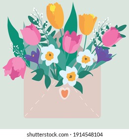 Vector illustration of envelope with flowers inside. Lovely cute flower bouquet inside the envelope. Valentine's Day, Mom's Day, Women's Day. Holiday