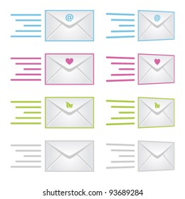 Vector illustration of an envelope in four different themes: email, Valentine, eco friendly and neutral.  Both a frontal and perspective view have been included.