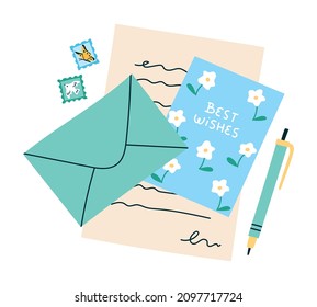 Vector illustration of an envelope, handwritten letter and a best wishes card. Greetings from a friend, sending love concept in trendy flat style. 