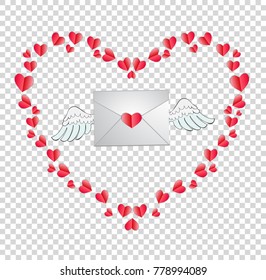 Vector Illustration of envelope with heart stamp and white angel wings framed with red heart isolated on transparent background. Clip art for Valentine's Day card, icon, symbol of love. 