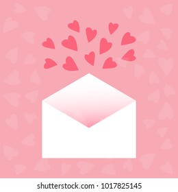 Vector illustration of envelope and hearts. Copy space for text. Happy Valentines Day romantic greeting card, typography poster. Vector  banner template. EPS 10. 