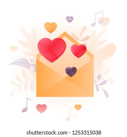 Ilustración vectorial de un sobre con corazones sobre fondo blanco. Un concepto moderno de saludo de San Valentín.