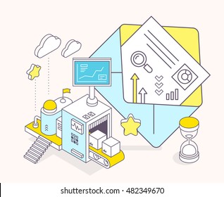 Vector illustration of envelope, hourglass and three dimensional mechanism with conveyor and monitor on light background. Receiving, sending, sorting mail. 3d thin line art style design