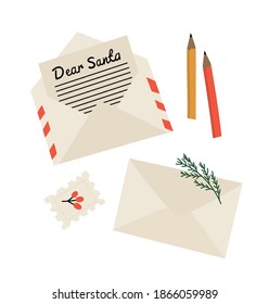 Vector illustration of the envelope, letter, stamp, and pencils. Christmas letter to Santa. Hand-drawn set with pine branch and holly berry isolated on white background. Winter holidays concept. 