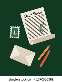 Vector illustration of the envelope, letter, stamp, and pencils. Christmas letter to Santa. Hand-drawn set with pine branch and isolated on green background. Winter holidays concept. 