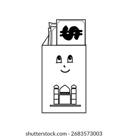 Ilustración vectorial de un sobre con dinero y un simple ícono de mezquita, que simboliza el zakat, la caridad y la donación islámica.