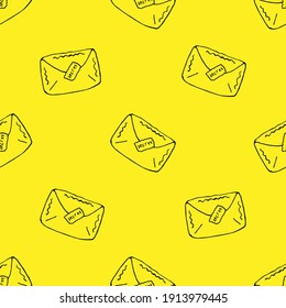 Vector illustration. Envelope on a yellow background, doodle. Seamless pattern.