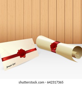 Vector illustration of Envelope with paper scroll and red wax seal