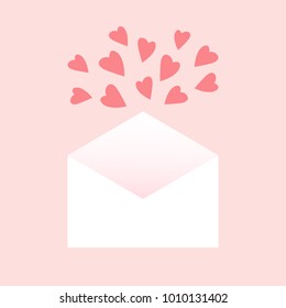 Vector illustration with envelope and pink hearts. Copy space for text. Happy Valentines Day romantic greeting card, typography poster. Romantic card. Vector poster, banner template. EPS 10. 