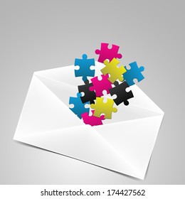 Vector illustration of envelope with puzzles in fresh colors