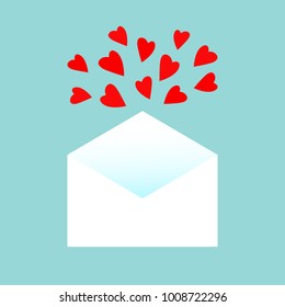 Vector illustration of envelope and red hearts.  Copy space for text. Blue, white, red colors. EPS 10.