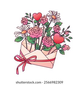 
Vector illustration of envelope with rose flowers and leaves. Perfect for flower shop decoration, cards, invitations, banners. For Valentine's Day, Mother's day. Spring