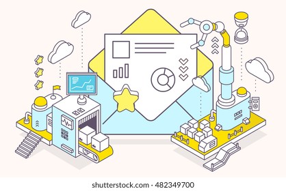 Vector illustration of envelope and three dimensional mechanism with conveyor and robotic hand on light background. Receiving, sending, sorting mail. 3d thin line art style design