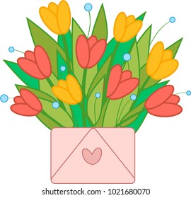 vector illustration of an envelope with tulips without a background