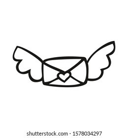Vector illustration of envelope with wings and heart. Doodle envelope. Cute Valentine's Day letter. 