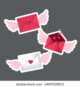 Ilustración vectorial de un sobre con alas y corazones. sticker de San Valentín