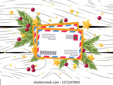 Vector illustration of an envelope for your letter, fir-tree branches with gold confetti, Christmas banner