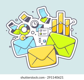 Vector illustration of envelopes and financial documents on color background. Hand draw line art design for web, site, advertising, banner, poster, board and print.  