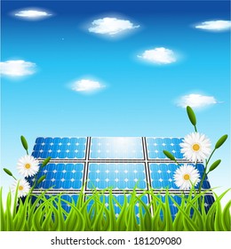 Vector illustration of environmental concept with solar panel. 