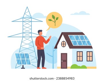 Vector illustration of environmental conservation. Cartoon scene with guy who cares about ecology, modern house with solar panels, electricity tower on background. Conservation of natural resources.