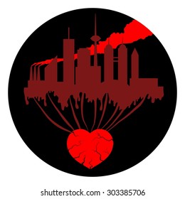 vector illustration of environmental pollution. city heart. heart of the Earth. Ecology logo. dirty city design. Lifeblood logo.