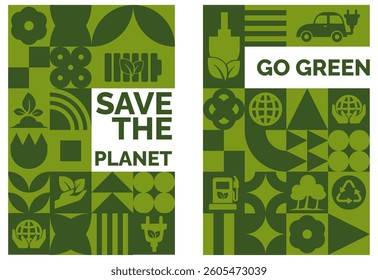 Vector illustration with environmental protection message promoting Earth Day. Featuring geometric eco icons and green tones. Perfect for campaigns and events.