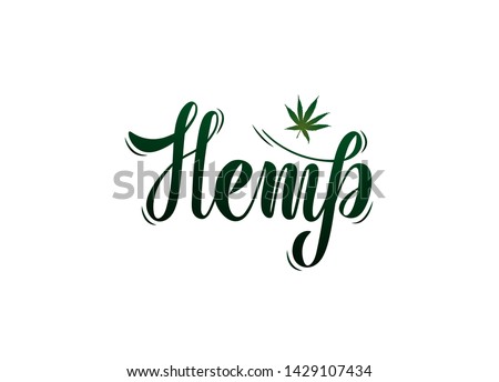 Vector illustration for environmental theme with handwritten phrase - Hemp. Lettering. Isolated word on a white background. Green hemp leaf. Slogan. For medicine, cosmetology, web site, boutique, shop