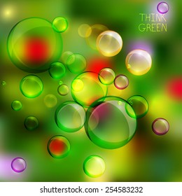 Vector Illustration of environmentally friendly bubbles on multicolored background. Think Green. Ecology Concept.