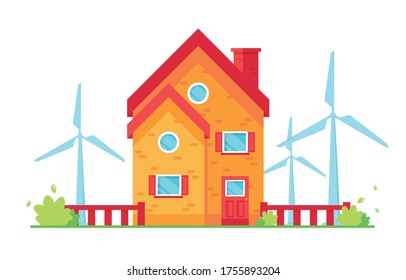 Vektorgrafik eines umweltfreundlichen Hauses. Wind Turm. Windenergie. Pflege der Natur. Eco, Ökologie-Generator. Rot und Gelb. Grüne Natur. Auf weißem Hintergrund. EPS10