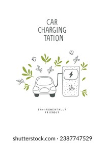 Vektorgrafik eines umweltfreundlichen Planeten. Grüne Sprossen Blätter und eine Skizze von Elektroauto auf der Ladestation.Think Green. Alternatives Energiekonzept.