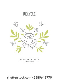 Ilustración vectorial del concepto de planeta respetuoso con el medio ambiente. Sprout con hojas verdes y boceto de reciclar . Estilo de vida sostenible. Concepto de basura cero.