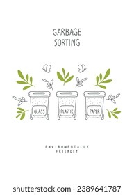 Vector illustration of  Environmentally friendly planet concept. Sprout with green leaves and sketch of waste baskets for glass, paper and plastic. Think Green. Garbage sorting.
Zero waste Concept.
