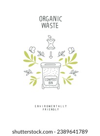 Vector illustration of Environmentally friendly planet concept. Sprout with green leaves and sign of organic waste with compost bin. Think Green. Zero waste Concept.