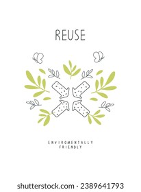 Vector illustration of  Environmentally friendly planet concept. Sprout with green leaves and sketch of reuse . Sustainable lifestyle. Zero waste Concept.