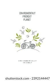 Ilustración vectorial de un planeta respetuoso con el medio ambiente. Hojas de brotes verdes y un boceto de bicicletas. Concepto de ciudad ecológica. Piense en verde. Concepto de energía alternativa.