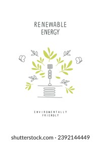 Vector illustration of Environmentally friendly planet. Green sprouts leaves and a sketch of road  with solar-powered traffic light.Think Green. Alternative energy concept.