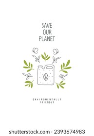 Vector illustration of Environmentally friendly planet. Hand drawn cartoon sketch canister of biofuel with green leaves and sprouting branches.  Alternative biofuel renewable green energy concept. 