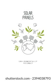 Vector illustration of Environmentally friendly planet. Hand drawn cartoon sketch of 
of earth with solar panels. Alternative green energy concept. Sustainable lifestyle. Think Green.  
