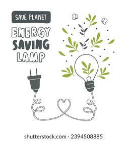 Ilustración vectorial de un planeta respetuoso con el medio ambiente. Esbozo de caricatura dibujado a mano de 
de la lámpara ecológica de ahorro de energía. Lámpara LED con hoja verde.  Concepto alternativo de energía verde. Estilo de vida sostenible. Thi