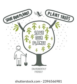 Vector illustration of Environmentally friendly planet. Hand drawn cartoon sketch of human with green tree. Save our planet, plant a tree.  Eco mindfulness,  Protect the World from pollution concept.