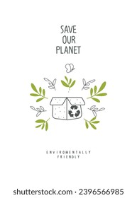 Vector illustration of Environmentally friendly planet . Zero waste Concept. Hand drawn cartoon sketch of biodegradable packaging, box with green leaves.Sustainable lifestyle. Think Green.  