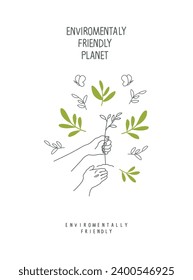 Vector illustration of Environmentally friendly planet concept. Hand drawn cartoon sketch with hand supporting recycling sign.Nature conservation sign.Think Green. Protect the World 
