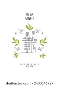 Ilustración vectorial de un planeta respetuoso con el medio ambiente. Ramas verdes y boceto dibujado a mano con paneles solares. Concepto de energía alternativa. 
