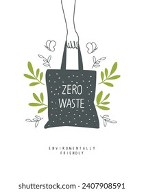 Vector illustration of Environmentally friendly planet . Zero waste Concept. Hand drawn cartoon sketch biodegradable bag, with green leaves.  Sustainable lifestyle. Think Green.  Plastic free 